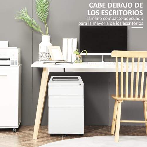 Vinsetto Cajonera de Oficina Mueble Archivador de Acero con 4 Ruedas 3 Cajones Cerradura y 2 Llaves para Tamaño A4 Carta para Estudio Salón 39x48x60 cm Blanco - imagen 6