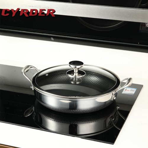 Cyrder Large Hybrid Nonstick Deep Frying Pan-13inch 316L Stainless Steel Sauté Pan and Lid, Two Handle Hold, PFOA Free, Dishwasher Oven Safe, Cookware to Stir fry/Toast/Roast/Bake/Stew, 7.2-Quart