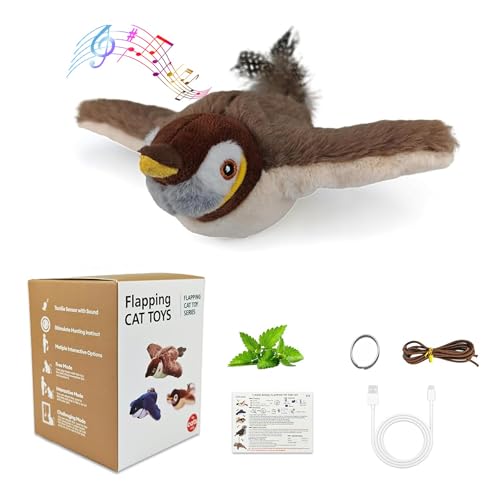 blueypet Interactive Chirping Bird Cat Toys with Flapping Wings, 2025 New Flying Birds Cats Toy, Flying Simulation Electric Sparrow Shaking Hunting Pet Toy for Indoor (Brown Large)