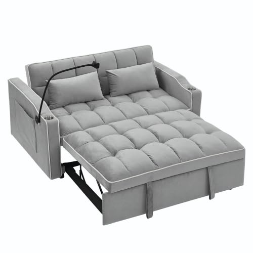 Multifunctional Foldable Velvet Sofa Bed with Storage Pockets, Black with White Piping, 173cm, 3-in-1 Convertible Sleeper Couch with Cup Holder and USB Ports (Grey)