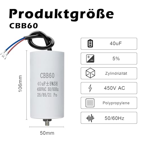 ANGEEK CBB60 450V 40µF 50/60HZ Condensateur,Condensateur de démarrage,condensateur cbb60,condensateurs,avec fils M8,50x106mm,40UF,Pour moteur,Pompes de piscine,Fendeurs de bois – vue 2
