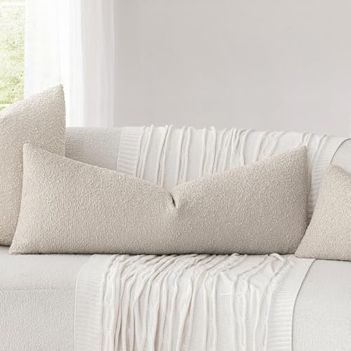 Image of Foindtower Decorative Textured Boucle Throw Pillow Covers Accent Solid Pillow Cases Neutral Long Body Lumbar Couch Cushion Case for Chair Sofa Bedroom Living Room Home Decor 14x36 Inch,1PC,Oatmeal