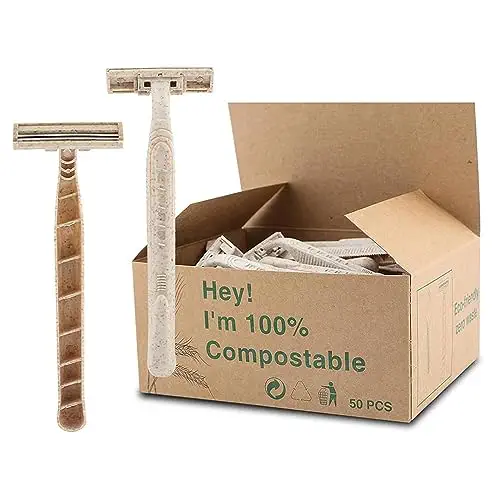 Eco Razors, Disposable Wheat Straw Shavers, 50-Pack Biodegradable Twin Blade Shavers for Sustainable Grooming, Body &amp; Face Eco-Friendly Disposable Razors for Men/Women&#39;s Grooming (50PCS)