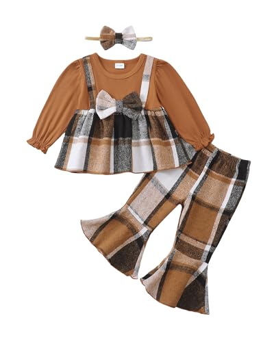 Kucnuzki Toddler Baby Girl Clothes Outfit Long Sleeve Plaid T Shirt Top Flare Leggings Pants 2 Piece Outfit Kids Clothes