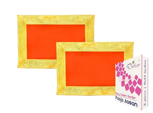Dulhan Velvet Pooja Cloth Aasan for Mandir, Temple Altar Cloth with Golden Border Color (Orange) Size (9 * 13 in) Pack of 2