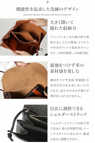 G Genuine Leather ショルダーバッグ レディース 牛本革 斜めがけ 軽量 ミニショルダー サコッシュ ポシェット 小さめ 仕切り ポケット 旅行 革 天然シボ革 ななめがけ カジュアル（ブラック）