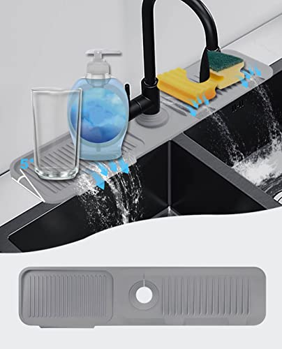 5Â°slope kitchen sink splash guard-gray silicone faucet mat handle drip catcher tray behind faucet with soap dispenser hole-1pc water clear gadgets for sink accessories 5 by 24inch long organizer