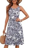 Arevill Damen Sommerkleid Ärmellos Knielang A Linie Luftig Leichtes Strandkleid Rundhalsausschnitt Elastischer Taille Freizeitkleid Weich Pflegeleicht Blumenmuster/Einfarbig