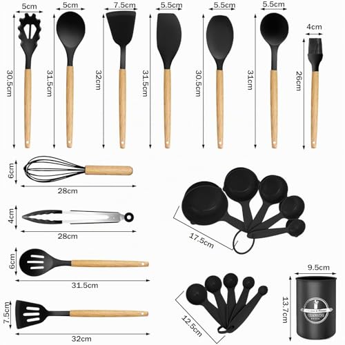 Miniatura 3 de Utensilios De Cocina De Silicona 22 Piezas, Set Di Utensili Da Cucina Per Pentole Antiaderenti, Al Calor Y Antiadherentes Con Mango De Madera Para Utensilios Sin Bpa Negro