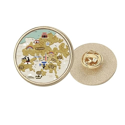 Broche ronde en métal doré motif carte de Hong Kong taille M bijou fantaisie pour homme femme