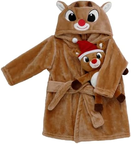 2 Piece Plush Robe and Toy Set for Baby witih Embroidered Hood, Plush Rudolph 8 inch Toy included, Infant 0-9M (Rudolph, Tan) Christmas Theme