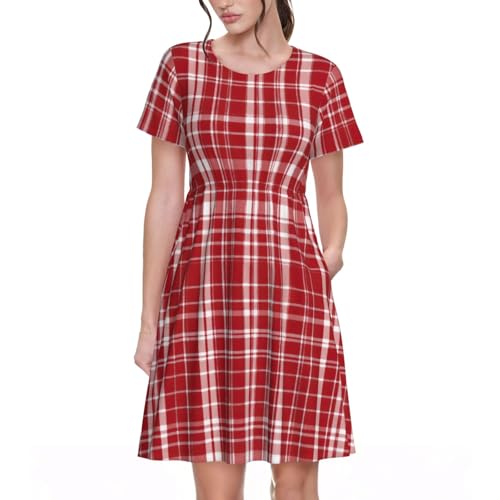Robe d'été élégante en tissu léger écossais rouge et noir premium