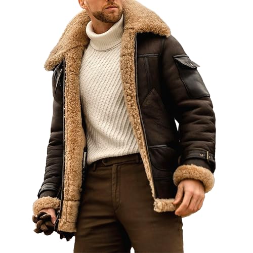 Vintage Fur Collar Sherpa Leather Coat for Men Winter Warm Thicken Leather Jacket Classic Motorcycle Bomber Overcoat (Coffee,XX-Large)