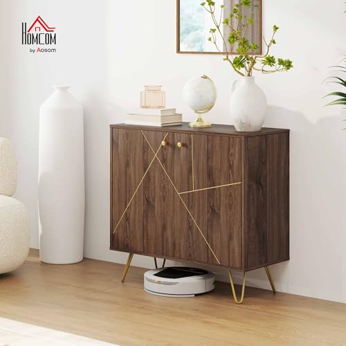 HOMCOM Sideboard Storage Cabinet with Golden Lines, Modern Luxury Living Room Cabinet with Adjustable Shelf, Steel Harpin Legs, Brown - Image 2