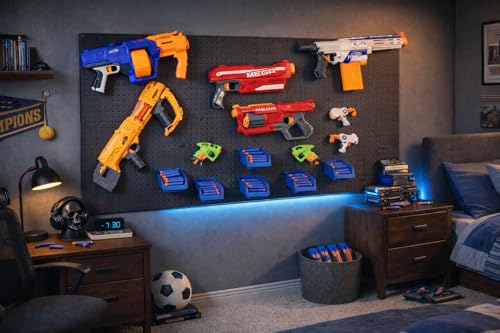 WallPeg Nerf Organizer Accessories Pegboard Bins and Jumbo Peg Hooks Set 6 Large Cobalt Blue Storage Bins & 20 Jumbo Peg Hooks Nerf Storage System for Blasters & Darts Made in USA