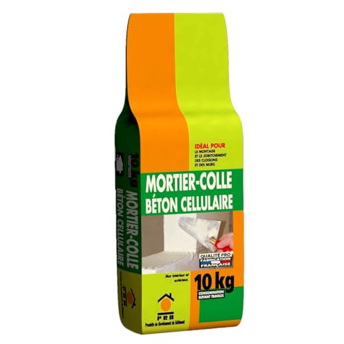 Mortier-Colle Béton Cellulaire 10kg - Adhérence Renforcée, Pose Facile et Précise - Idéal pour le Montage de Blocs, Cloisons Légères et Murs en Béton Cellulaire...