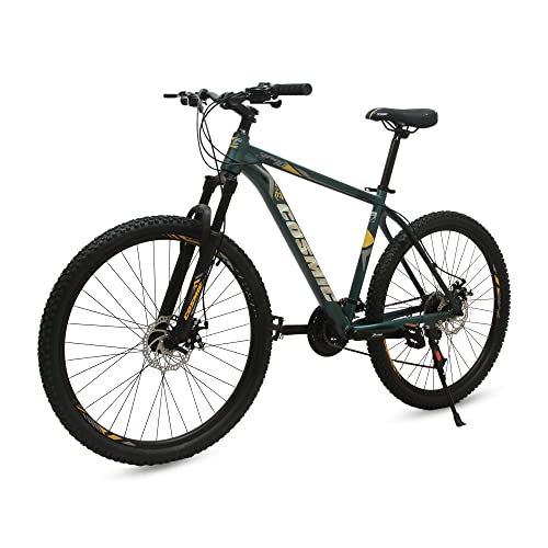 Image of Cosmic Bicycle 29 3000 AL 27SPD FSLO Alloy Bicycle with Front Suspension Lock Out and Dual disc Brakes - Dark Green /Yellow