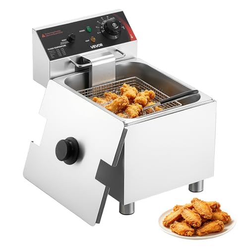 Image of VEVOR Commercial Electric Deep Fryer, 12.15 Qt, 1750W Stainless Steel Countertop Fryer with Basket and Lid, Overheat Protection, Temp Control, Adjustable Feet for Commercial Restaurant Use, Silver