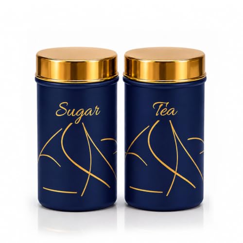 Image of Classic Steels Premium Long Tea & Sugar Canister Set (850ml) (Blue) | Airtight Kitchen Canisters Stainless Steel Storage Jars with Gold Lid & Label | Matte Finish Kitchen Storage Container Set