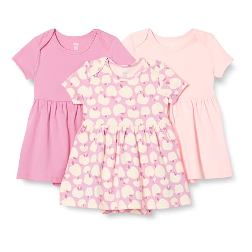 Amazon Essentials Baby Girls' Short Sleeve Bodysuit Dress, Pack of 3, Pink/Apples, 18 Months