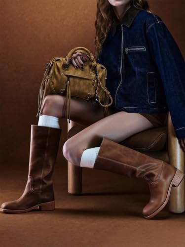 Coutgo Women's Knee High Boots Square Toe Chunky Block Heel Tall Boots Comfortable Low Heel Shoes3