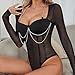CNPOLOOK Women's Long Sleeve Bodysuits Mesh Chain Lace Designs Sexy Corset Rave Outfits for Night Mesh Sheer Sweetheart Neck (Black,S,Small)