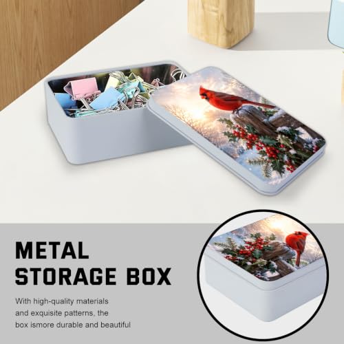Image of Decorative Metal Tin Box with Lid,Red Cardinal Winter Organizer