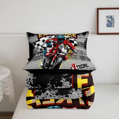 Image of Feelyou Kids Dirt Bike Comforter Set King Size, Extreme Sports Duvet Insert Motocross Bedding Set Boys Girls Teens Bedroom Decor Microfiber Bed Set