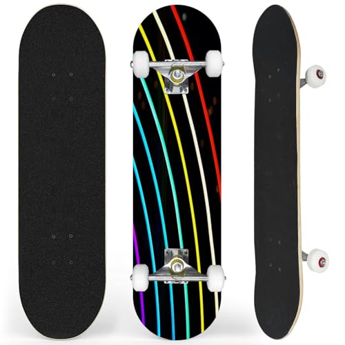 Complete Skateboard with Rainbow Lines Light Beginner Skateboard 7-Layer Maple Wood Double Kick Concave Skate Board for Kids, Adults, Teens 31