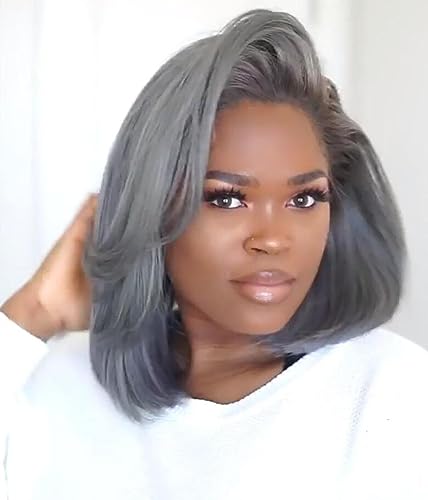 Hair Short Bob Wig For Black Women Grey Bob Hairstyles Synthetic Pixie Cut Hair Wigs Heat Resistant Women's Fashion Wigs Gray bob with side part wig