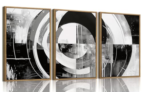 myusuar 3 Piece Large Modern Abstract Canvas Framed Wall Art For Living Room, Black And White Rings Minimalist Wall Art Decor Posters Prints For Bedroom Office, 12x16in
