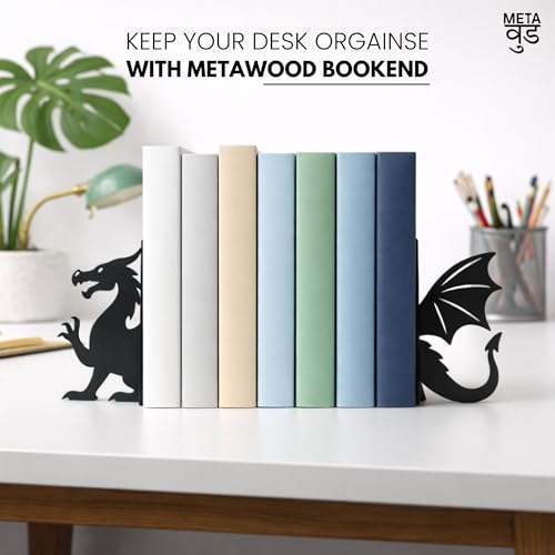 Image of Metal Dragon Bookends Set of 2 - Heavy Duty Metal Bookends for Shelves & Desk, Decorative Dragon Book Holder Stand, Non-Slip Book Organizer for Table, Fantasy Book Ends for Home Office & Gamers