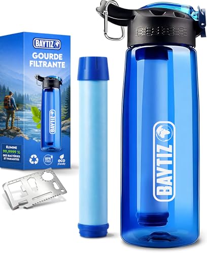 BAYTIZ ® Gourde Filtrante + Paille de Survie au Charbon Actif - Bouteille Filtre à Eau Nomade : Voyage Randonnée Trek Camping Kit Purificateur Réutilisable Plastique Sac Pluie Catastrophe