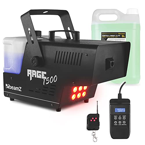 beamz Rage1500LED Smoke Machine with RGB LED Party Lighting, DMX Control, Timer & Wireless Remotes and 5L Eco Smoke Fluid - 1500W DJ Disco Fog Effect for Events, Stage & Performances