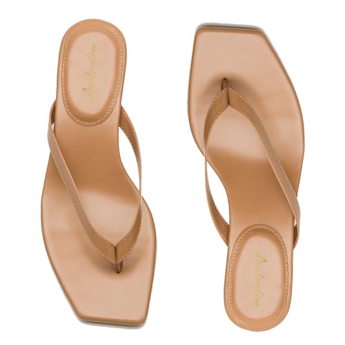 Women Flip-Flops Mules Kitten Heels Square Toe Thong Sandals Matte Comfy 1 inch Low Heel Slippers T-Straps Open Toe Outdoor Beach Summer Slip On Sandal Heels Basic Chic 4-11 M US3