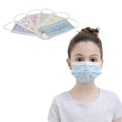 Vanecia Kids Single Use 3-PLY Disposable Face Masks with 6 Colors Pink White Yellow Blue Green, Cartoon All in One Box (30 pcs)