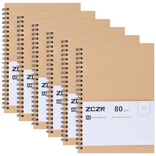 ZCZN Prosty notatnik A5, 6 sztuk, spiralny, 120 stron/60 arkuszy