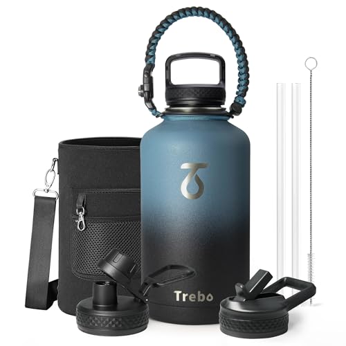 Trebo Water Bottle 64oz with Paracord Handle, Half Gallon Large Vacuum Triple Wall Stainless Steel Insulated Water Jug with Holder Strap Straw Spout Lids, Leakproof Keep Cold & Hot, Indigo/Black