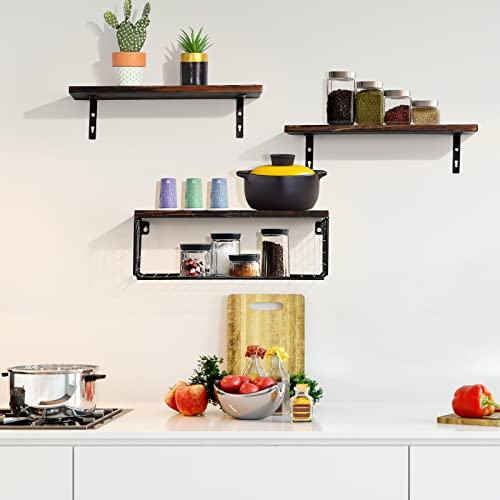 Floating Shelf ,Floating Shelves Wall Mounted Set Of 3 ,Solid Wood Floating Shelves With Brackets And Basket Set,Rustic Wood Wall Shelves For Kitchen Living Room,Bedroom Shelves,Bathroom Shelf (Black) #TOP5