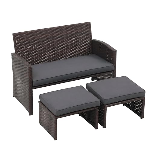 MJA FURNITURE Patio Outdoor Sofa for Balcony 2 Seater with Footstool | 3 Piece Rattan & Wicker Sofa with Waterproof Cushion | Outdoor Furniture