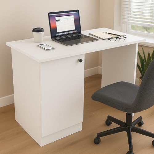 Image of CREATIVE QUBE 55 * 120 * 75 CM Engineered Wood Office Desk with Closed Cabinet & Storage Shelves for Storing Books, Stationery | Tabloft Executive Table for Office | 1 Year Warranty- Everest White