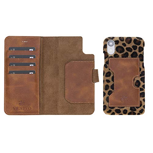 Venito Florence Leather Wallet Phone Case Compatible with iPhone XR - Extra Secure with RFID Blocking - Detachable Phone Wallet - Furry Leopard