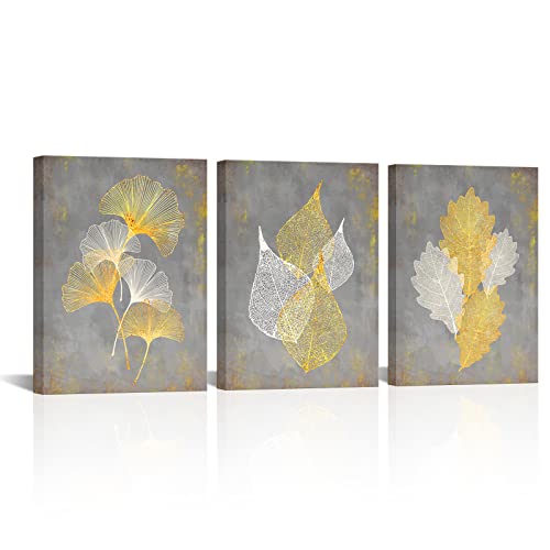Conipit Grey and Yellow Canvas Wall Art Abstract Leaf Painting Botanical Pictures Minimalist Artwork Prints for Office Bedroom (12''X16''X3PCS) by Conipit - Used condition - US$26.49