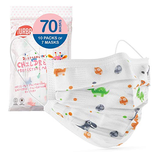 {AG OR} Turba 3Ply Face Mask for Kids Dinosaur Cartoon - 70 pk Disposable Pediatric Ear Looped Face Masks - Facial and Mouth Covering - Protection to Filter Dust, Small Particles, Mist, Pollutants