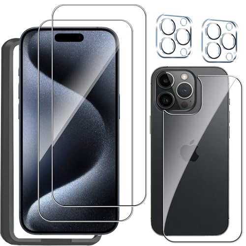 MSTSKTWO Screen Protector for iPhone 15 Pro Max 2 Pack Front Screen and 1 Pcs Back Glass Protector with 2 Pack Camera Lens Protector 9H Hardness Ultra HD Easy to Install with Auxiliary Frame