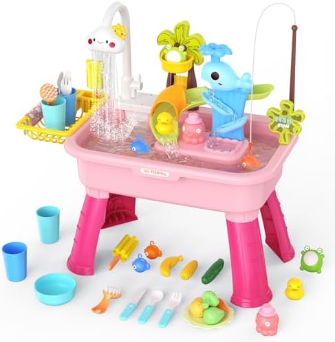 2026 Upgraded Water Table for Toddlers 1-3 – Outdoor Toys for Kids Ages 4-8 with Pump, Summer Outside Sensory Activity Pool Toys, Kitchen Play Sink Toy with Running Water, Fishing Toy, Pink