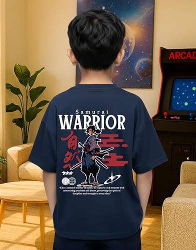 Image of Samurai Warrior Oversized T-Shirt for Kids 4-17 Years | Anime Samurai Front & Back Print | Boys & Girls Cotton Casual Tee