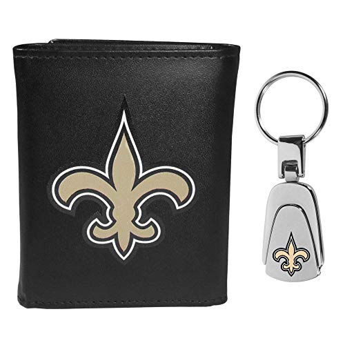 NFL New Orleans Saints Mens Tri-fold Wallet & Steel Key Chain, Black, One Size