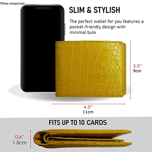 Image of HATA Yellow Exotic Bifold Leather Wallet for Men, Double-Side Leather Wallet with RFID Blocking & ID Window Credit Card Holder, Handmade Gift for Birthday, Anniversary, Father's Day VIBE-99