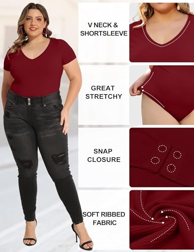 Image of COOTRY Plus Size Short Sleeve Bodysuits for Women V Neck Body Suit Tops Basic One Piece Bodysuit T Shirt